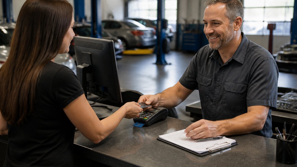 A service advisor processing a customer's credit card on a countertop terminal at an auto repair shop front desk, with a computer showing repair order software in the background