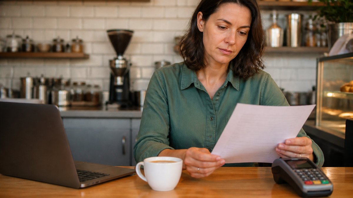 A small business owner reviewing a paper processing statement at a cafe counter, with a card terminal and a laptop open beside a coffee cup under warm afternoon light