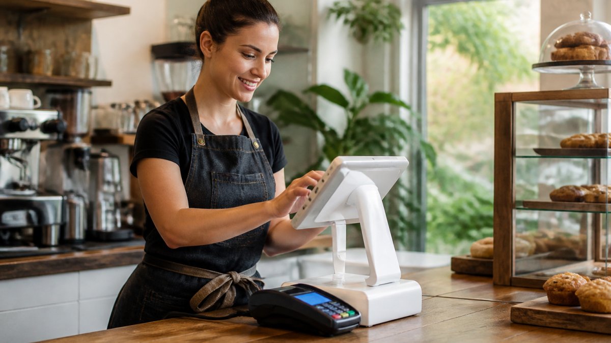 A small business owner at a cafe counter using a tablet point-of-sale system, with a card reader visible, in a warm, natural-lit environment