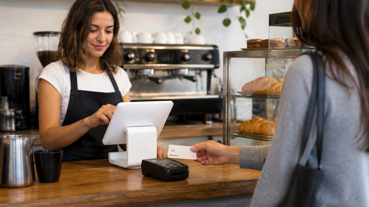 A barista behind a small cafe counter tapping a tablet POS screen while a customer holds out a contactless card, espresso machine and pastry case visible in the background