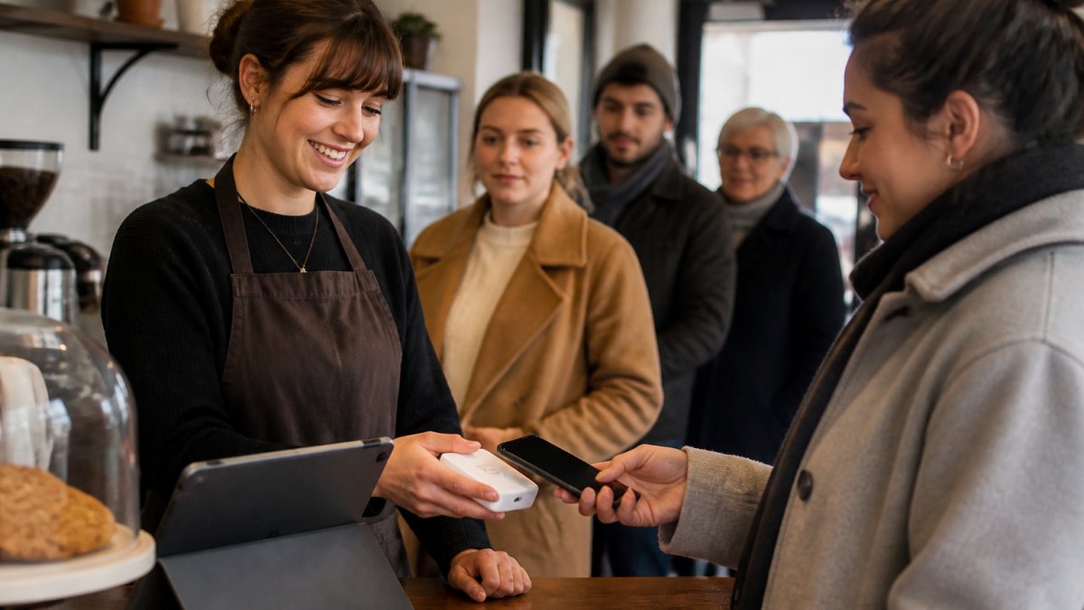 Cafe owner using a compact card reader for small business payment processing at a busy counter
