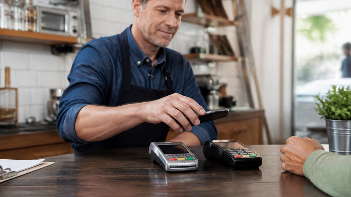 Small business owner processing a payment at a POS terminal with two payment terminals visible side by side on the counter, demonstrating parallel processing during transition